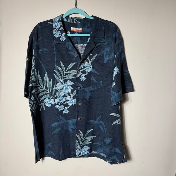 Havana Jack's Cafe 100% Silk Shirt XL Blue Hawaiian Print Tropical Beach Casual - Picture 2 of 10